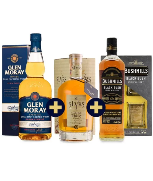 Slyrs Single Malt Whisky Classic + Glen Moray Whisky Elgin Classic + Bushmills Black Bush Caviste Edition+ 2 poháre set